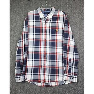 US Polo Assn Button Down Shirt Mens 2XL Navy Red White Plaid Long Sleeve Logo